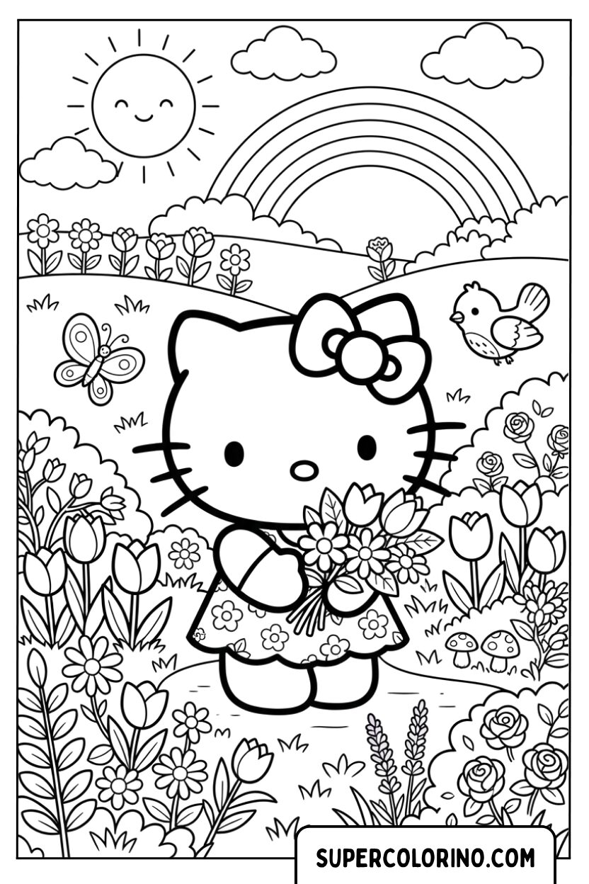 Kleurplaten van Hello Kitty met een boeket tulpen onder een regenboog