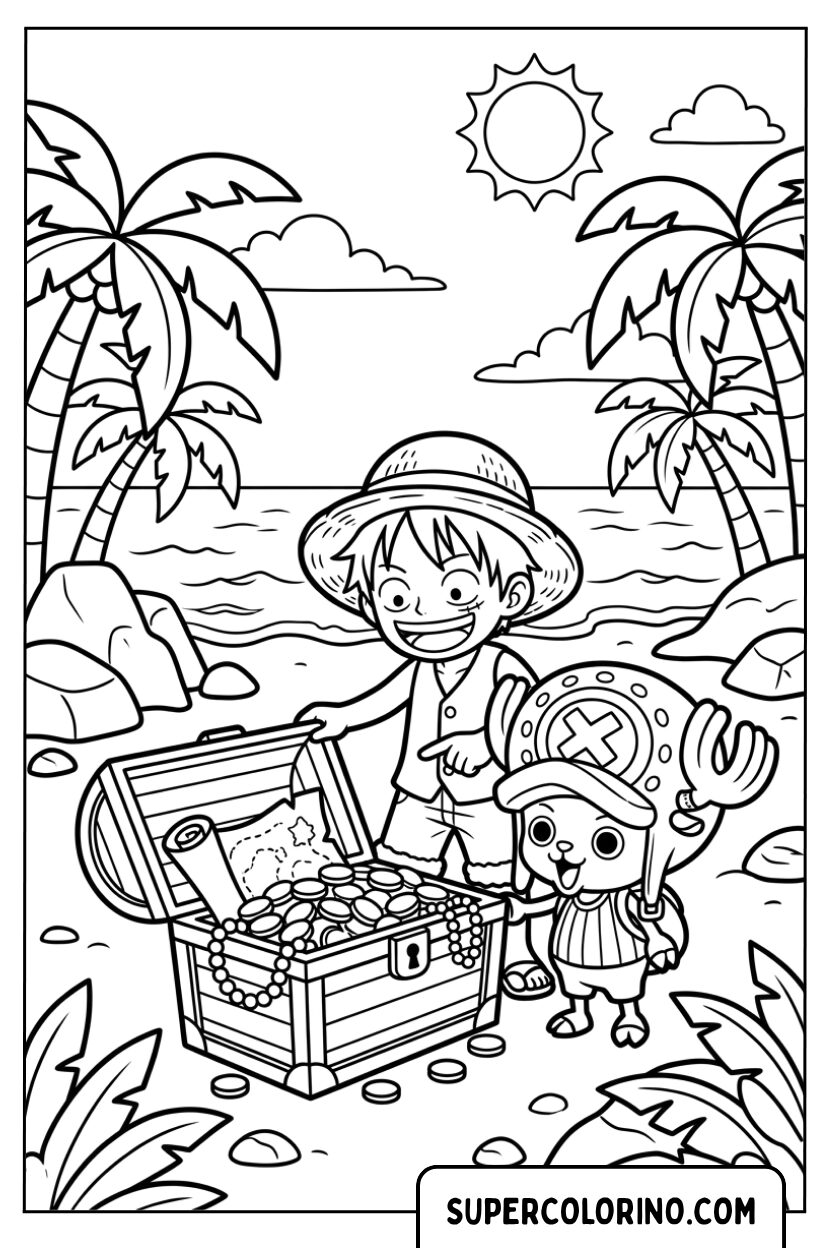 Disegni di Luffy e Chopper sulla spiaggia con il tesoro