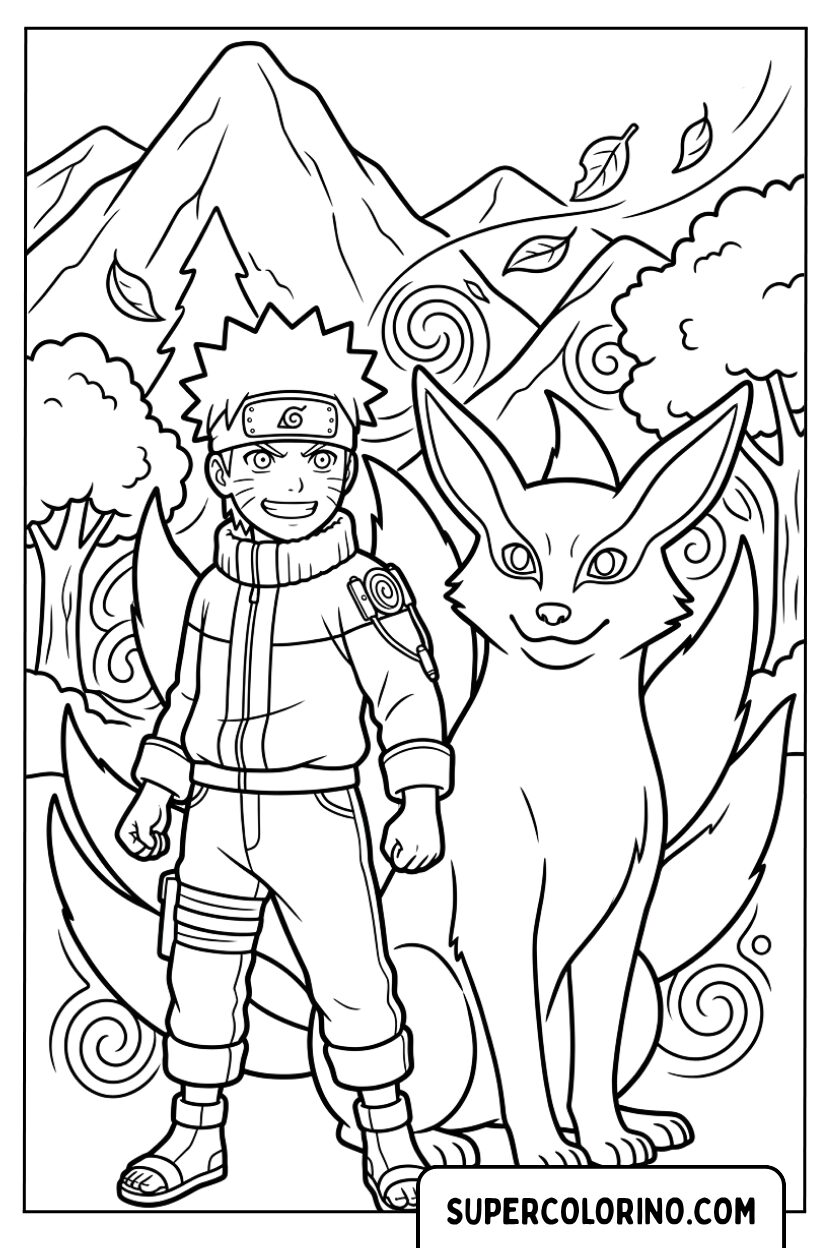 Disegni di Naruto accanto alla volpe a nove code Kurama