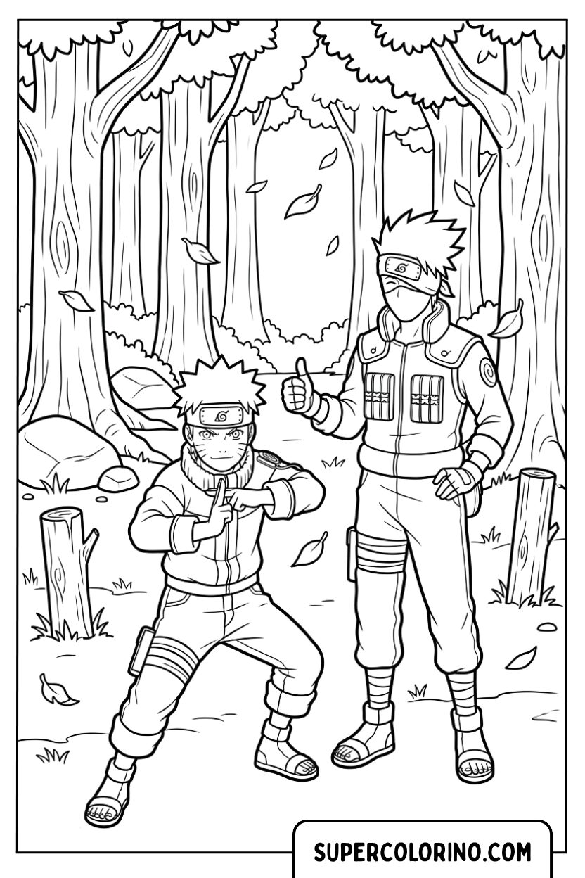 Disegni di Naruto che si allena con il maestro Kakashi tra gli alberi