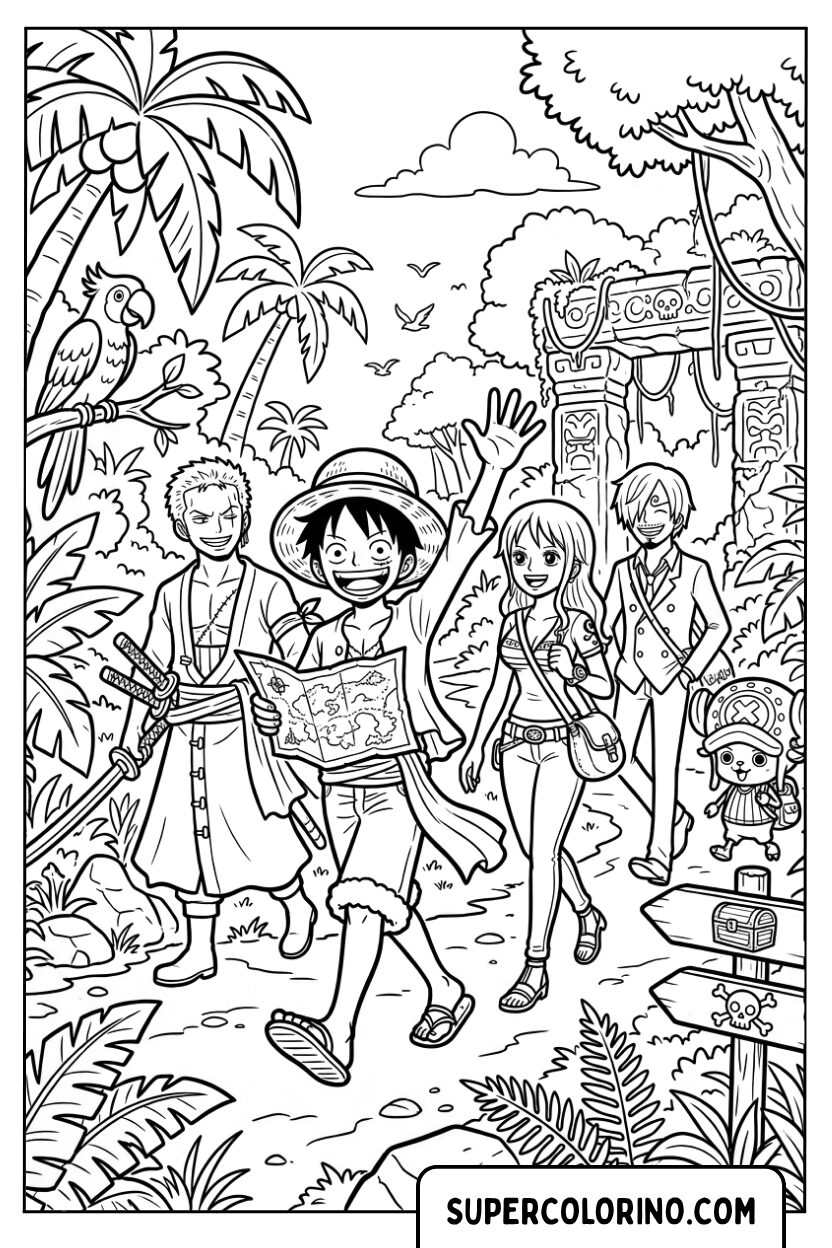 Disegni di One Piece che esplorano la giungla con la mappa