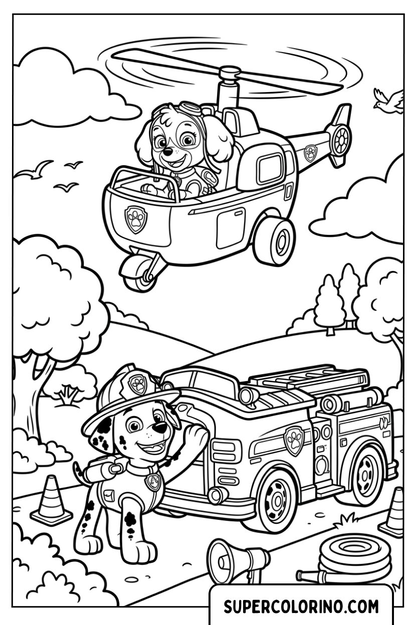 Disegni di Skye in elicottero e Marshall con il camion dei pompieri