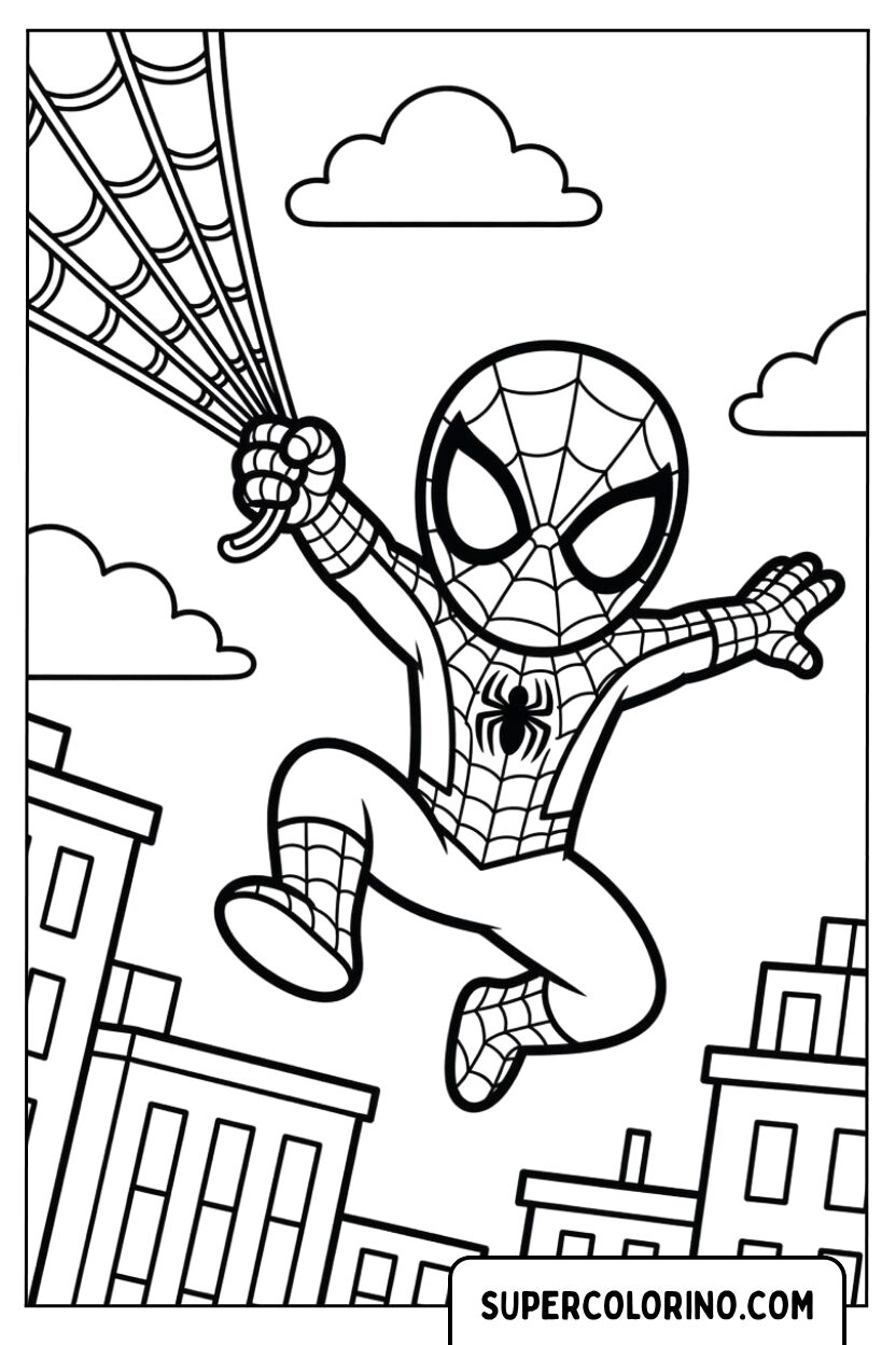 Coloriages de Spidey se balançant avec sa toile entre les immeubles