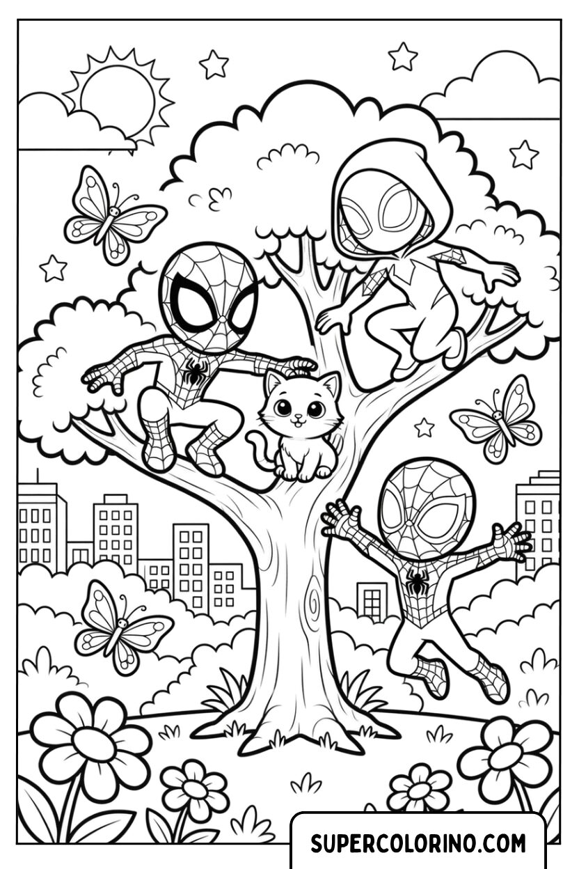 Coloriages de Spidey et de ses amis dans un arbre avec un chaton