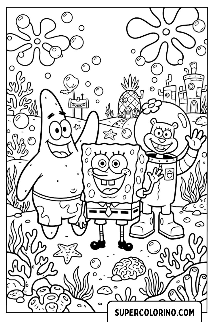 Coloriages de Bob l'Éponge avec Patrick et Sandy à Bikini Bottom
