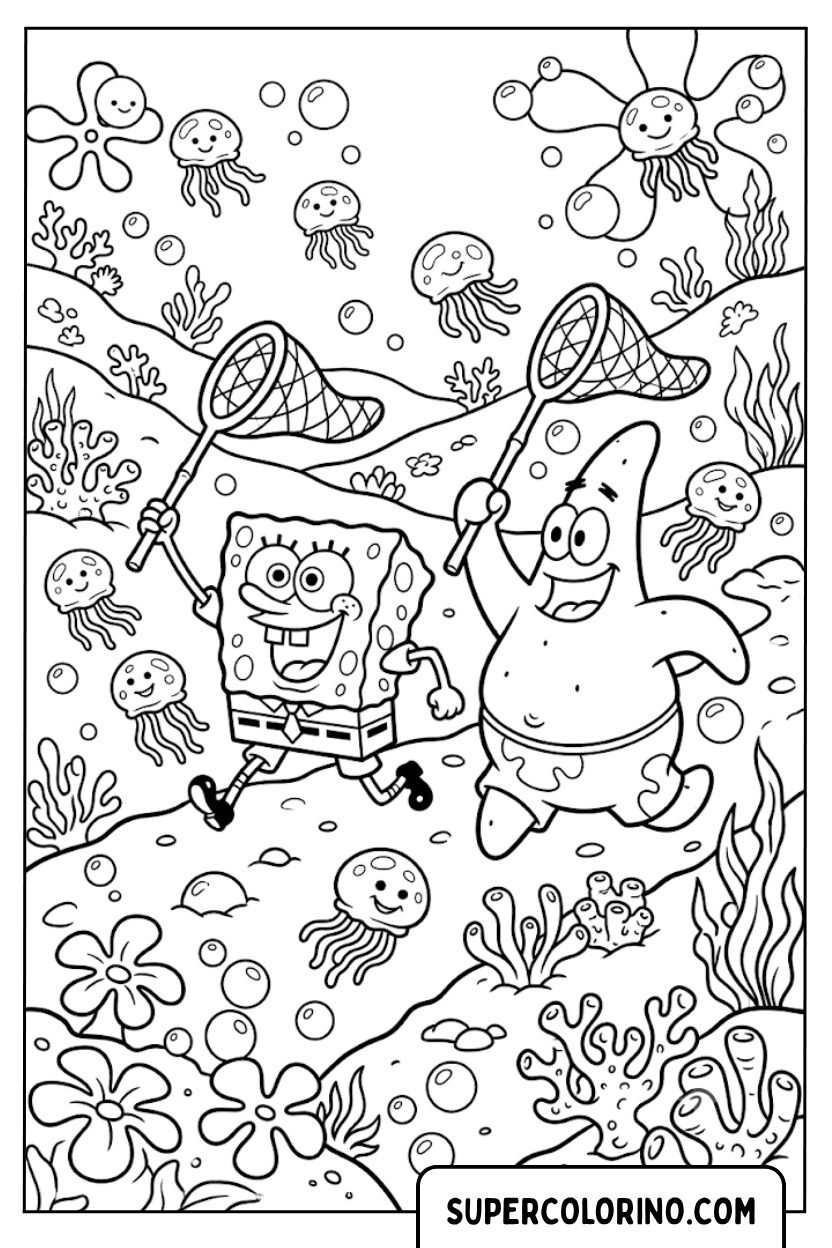 Coloriages de Bob l'Éponge et Patrick chassant les méduses