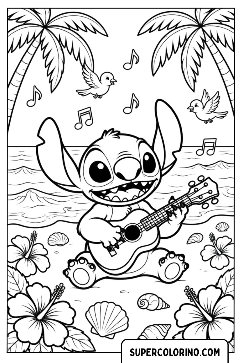 Disegni di Stitch che suona l ukulele sulla spiaggia tropicale