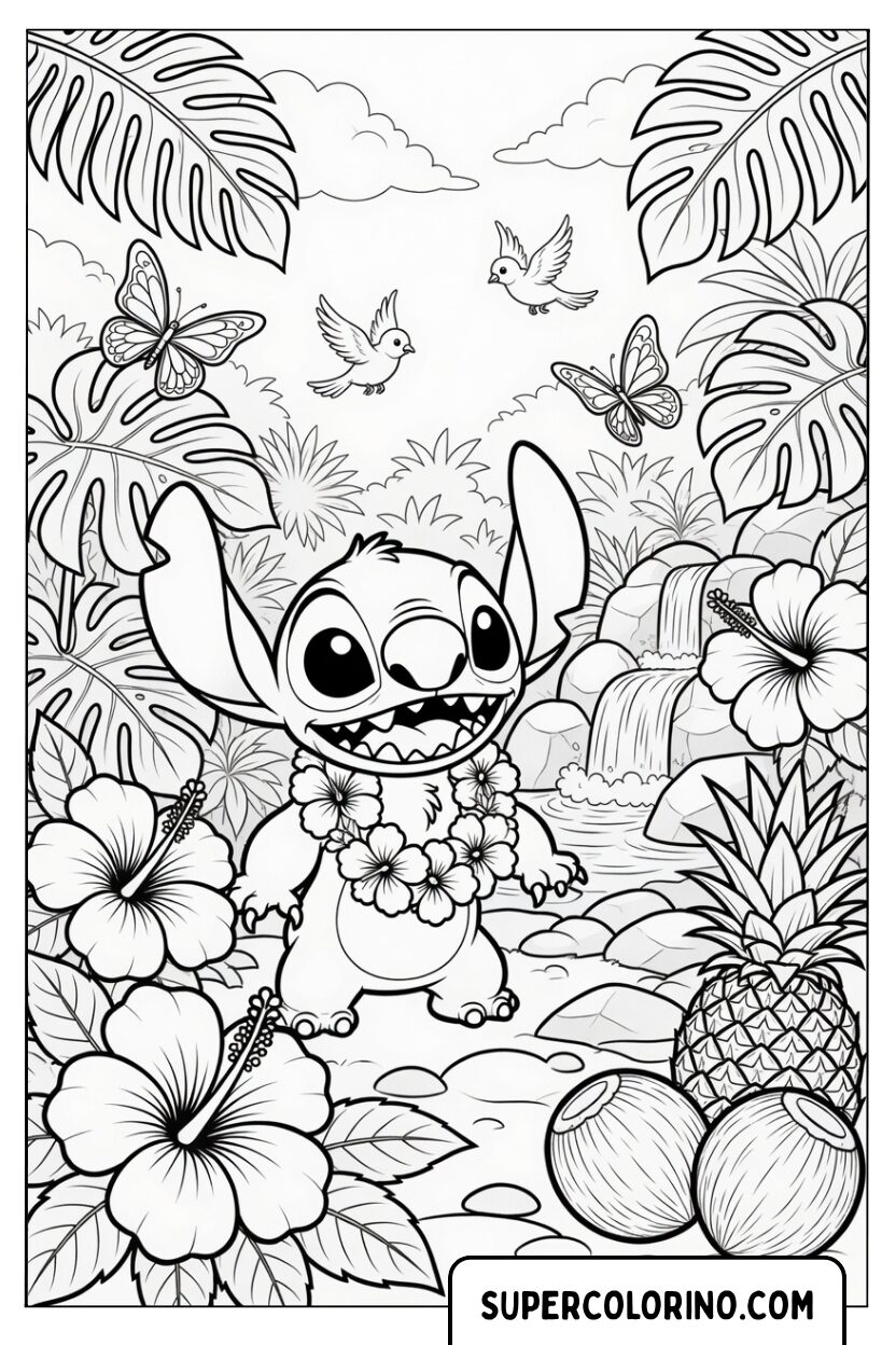 Disegni di Stitch con la ghirlanda di fiori dita e noci di cocco