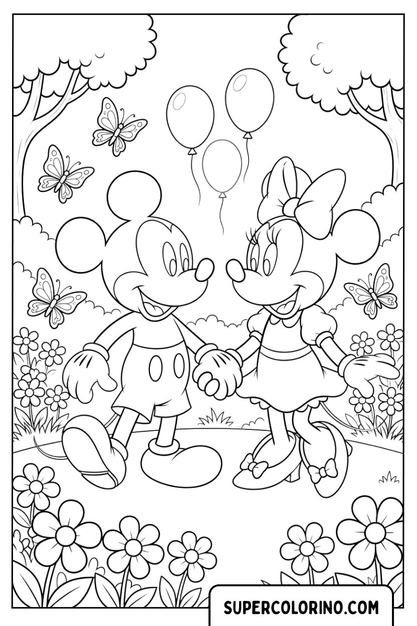 Disegni di Topolino e Minni che si tengono per mano