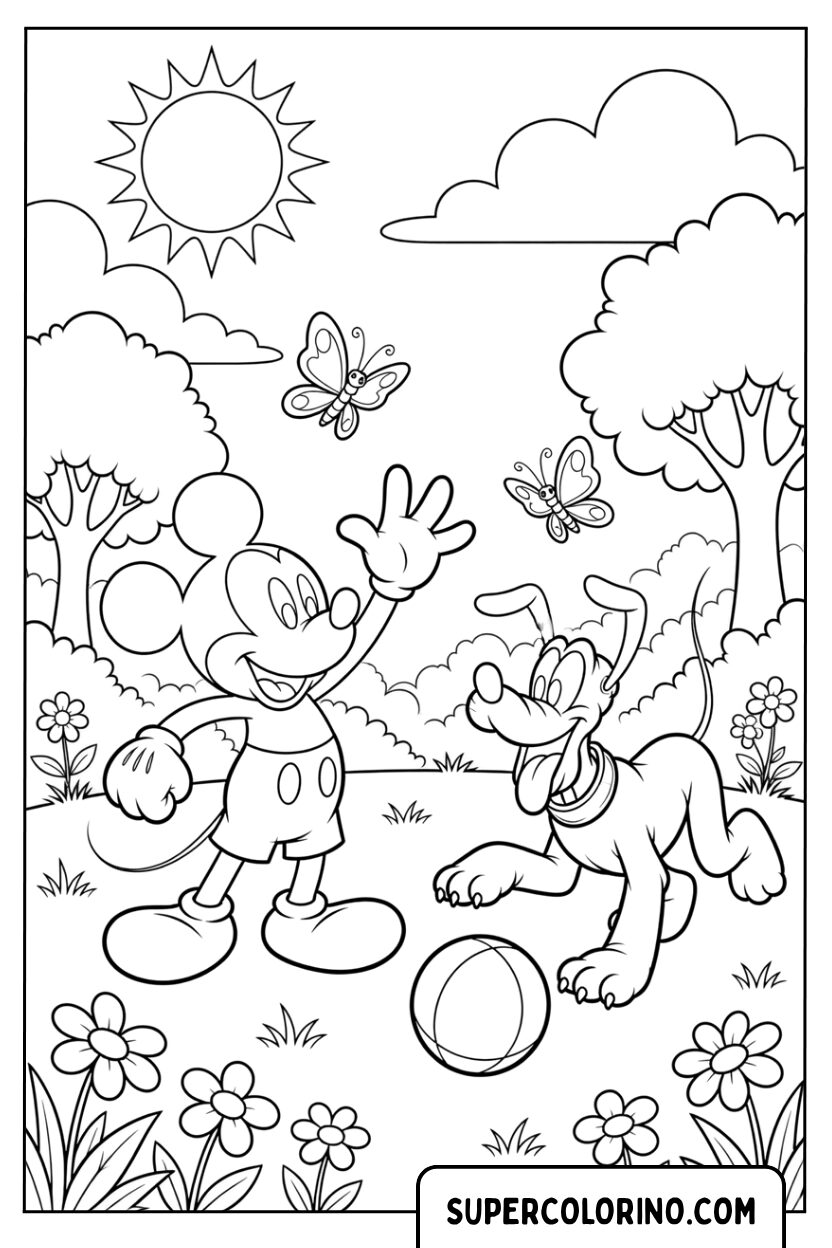 Disegni di Topolino e Pluto che giocano con la palla