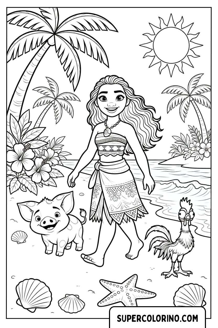 Disegni di Vaiana che cammina sulla spiaggia con Pua e Heihei