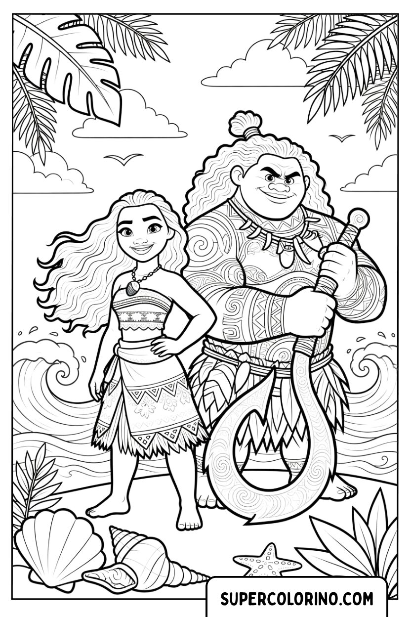Disegni di Vaiana e il semidio Maui sulla spiaggia tropicale