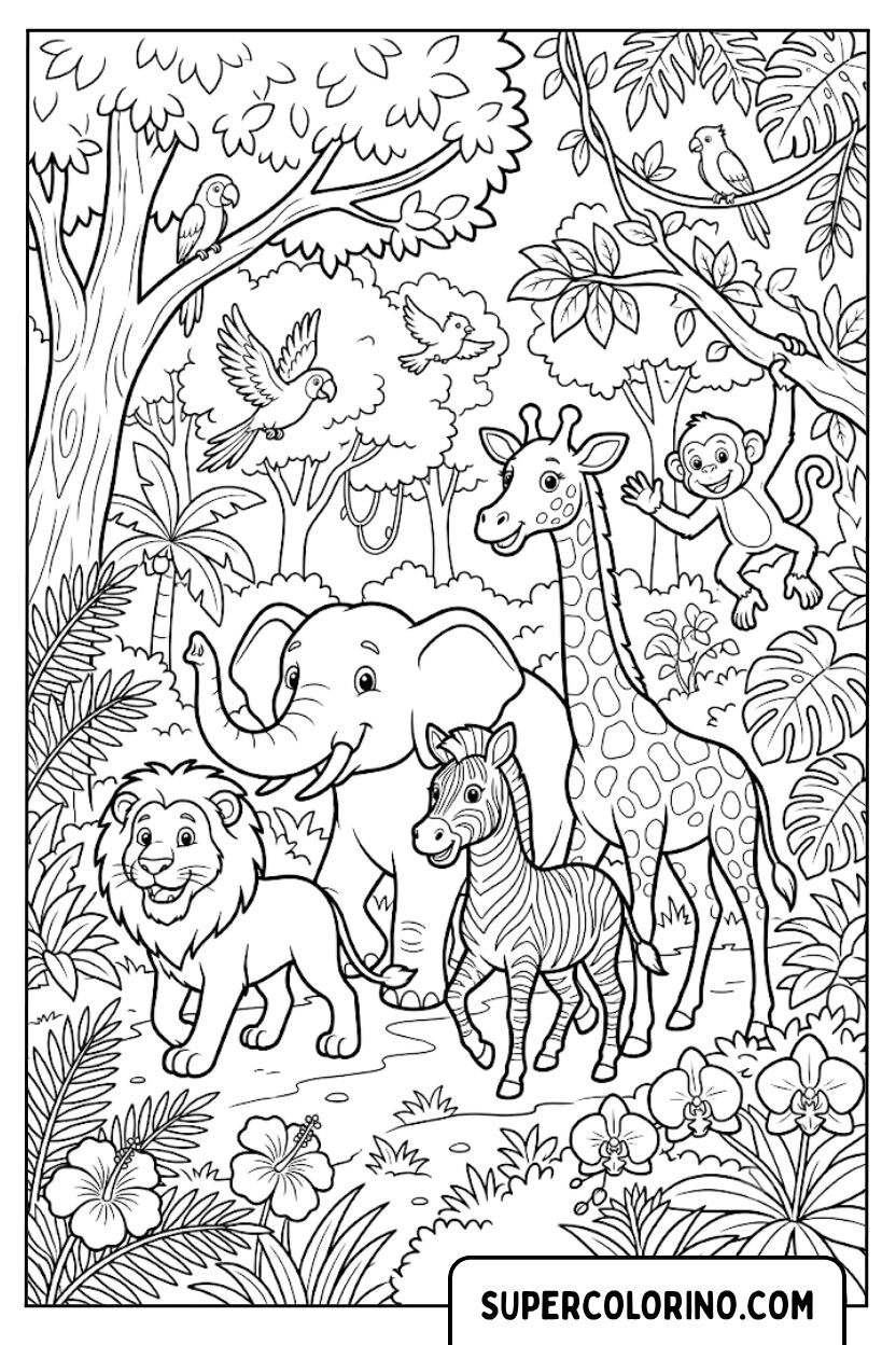 Disegni di animali selvatici nella foresta tropicale