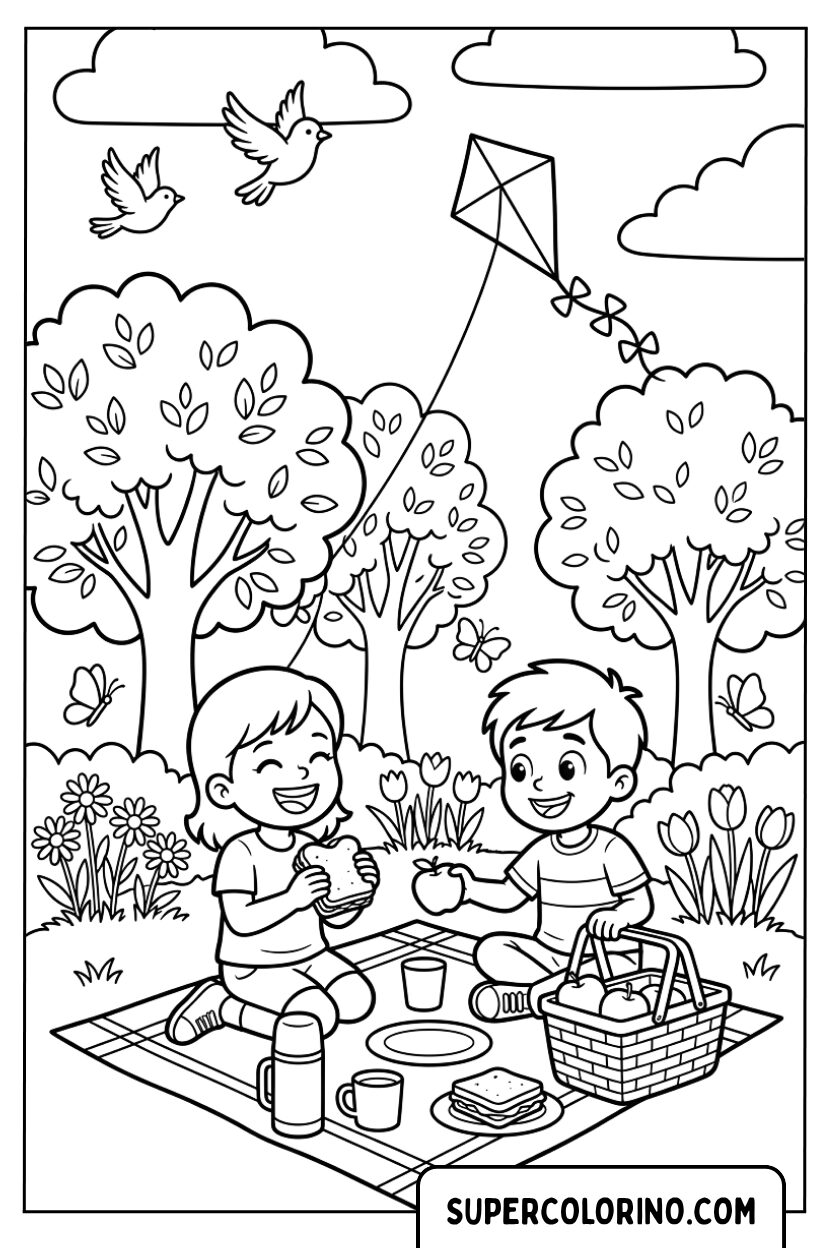 Ausmalbilder von Kindern beim Frühlingspicknick im Park