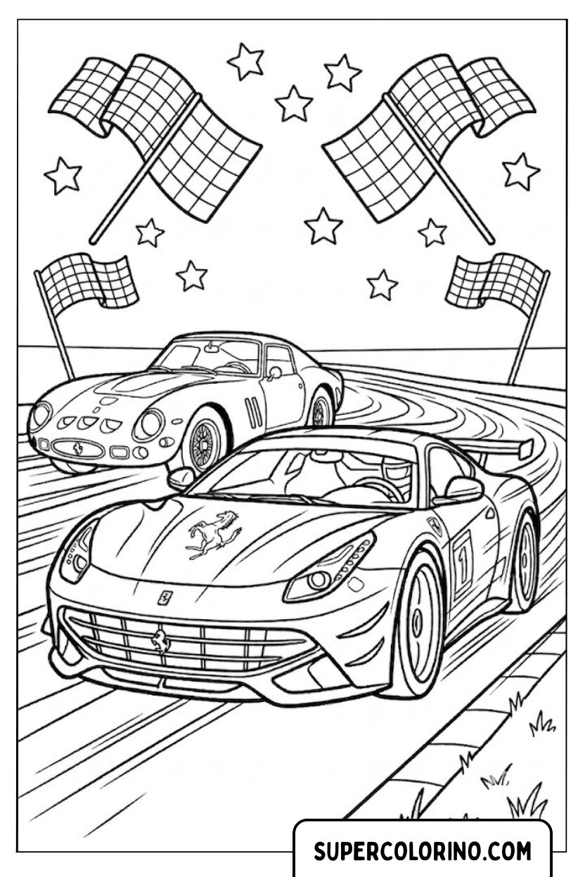 Disegni di due auto Ferrari in una corsa emozionante