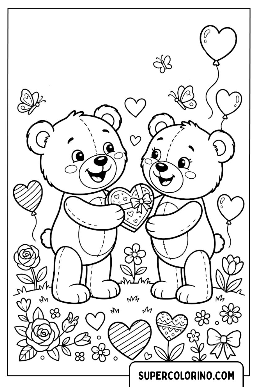 Disegni di due teneri orsetti di San Valentino con scatola di cioccolatini