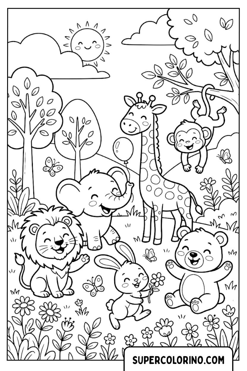 Disegni di simpatici animali della giungla sotto il sole