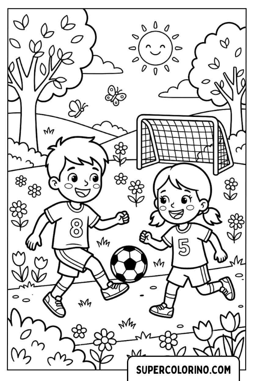 Ausmalbilder eines Jungen und eines Mädchens beim Fußballspielen im Park