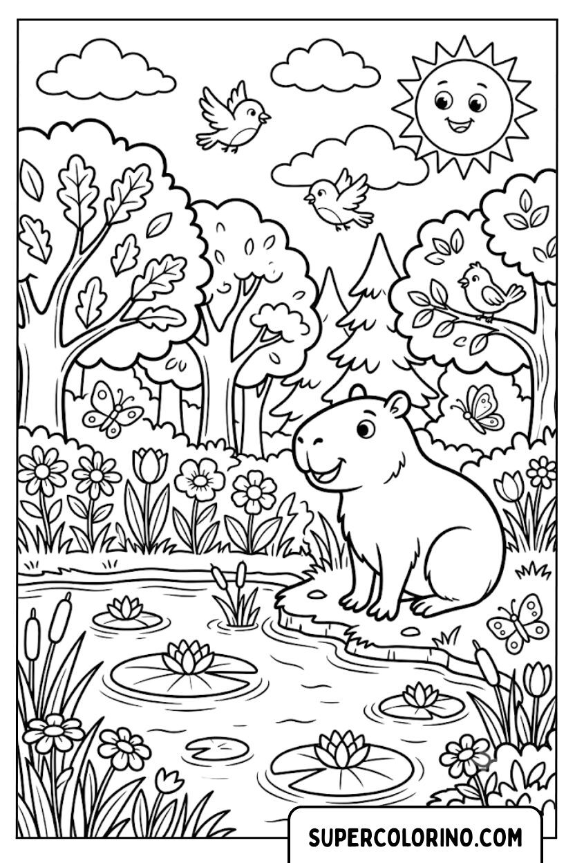 Ausmalbilder eines fröhlichen Capybaras am Seerosen-Teich