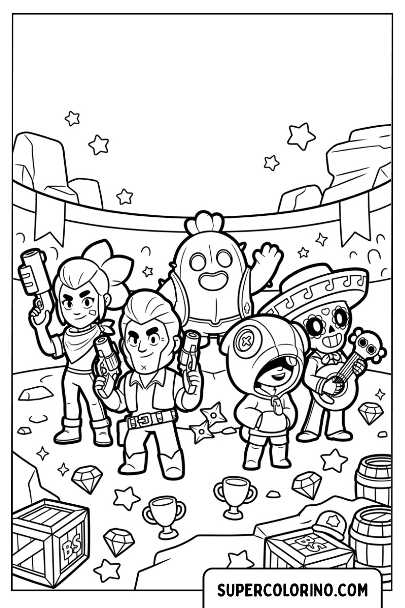 Coloriages d'un groupe de brawlers de Brawl Stars fêtant leur victoire sur le podium