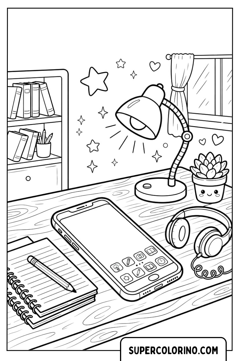 Disegni di un iPhone sulla scrivania dello studio accanto alla lampada