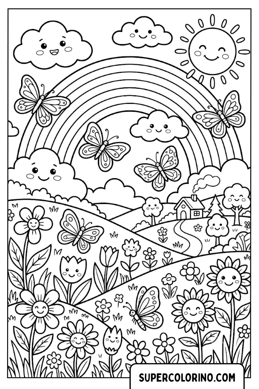 Ausmalbilder einer Landschaft mit Regenbogen und Sonnenblumen