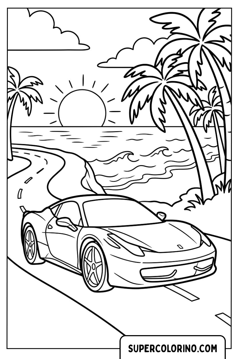 Disegni di una Ferrari su una strada panoramica vicino al mare