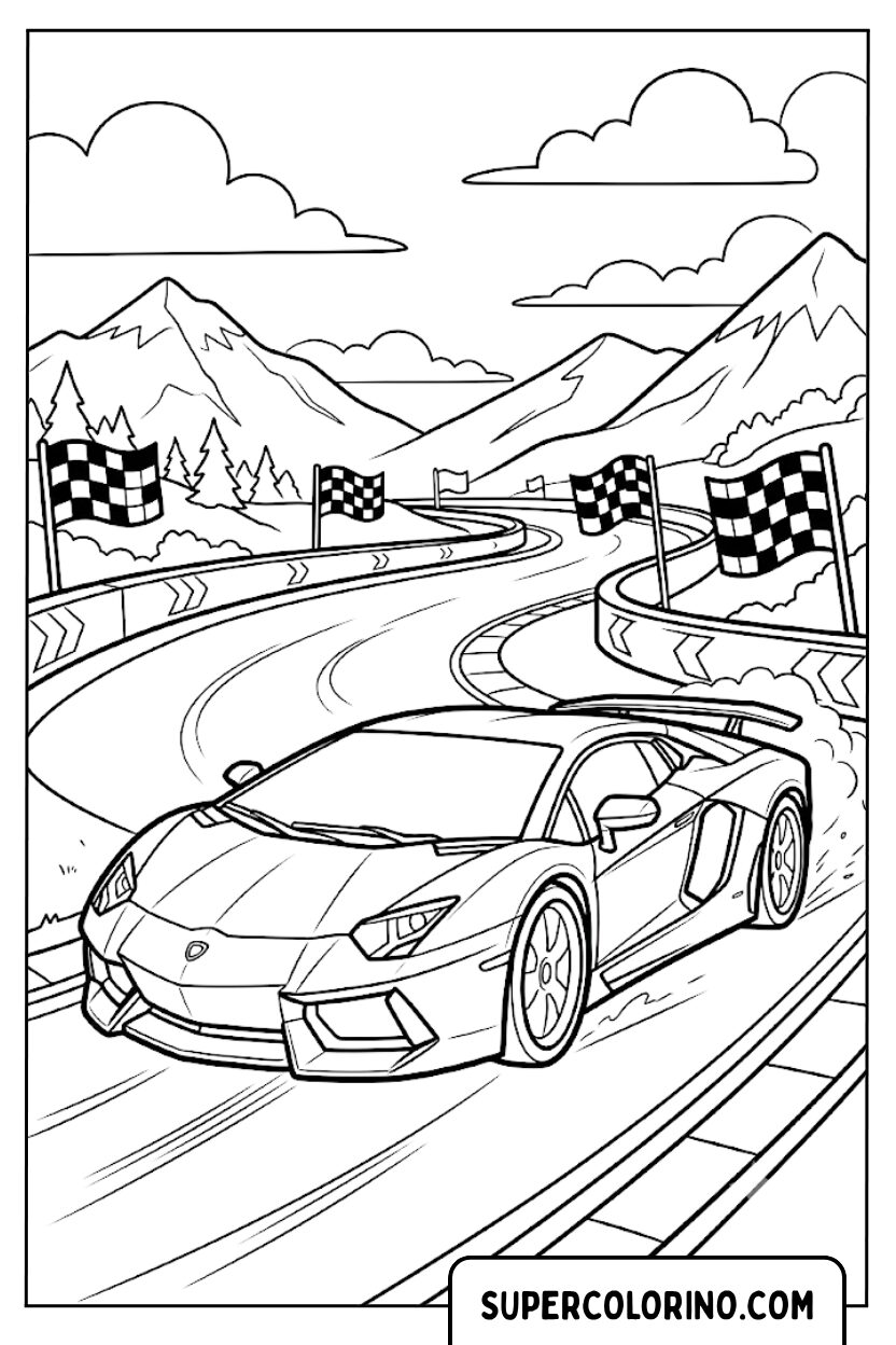 Disegni di una Lamborghini che sfreccia su una strada di montagna