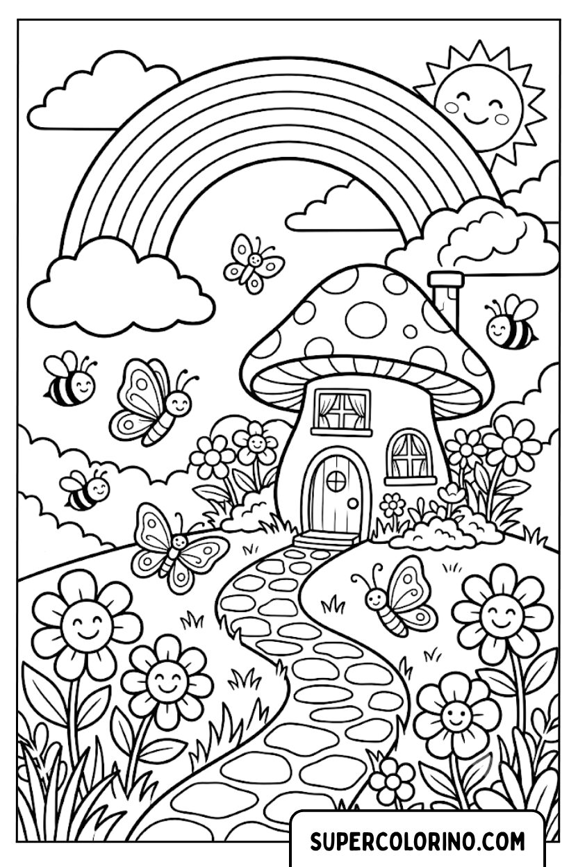 Ausmalbilder eines magischen Pilzhauses mit Regenbogen