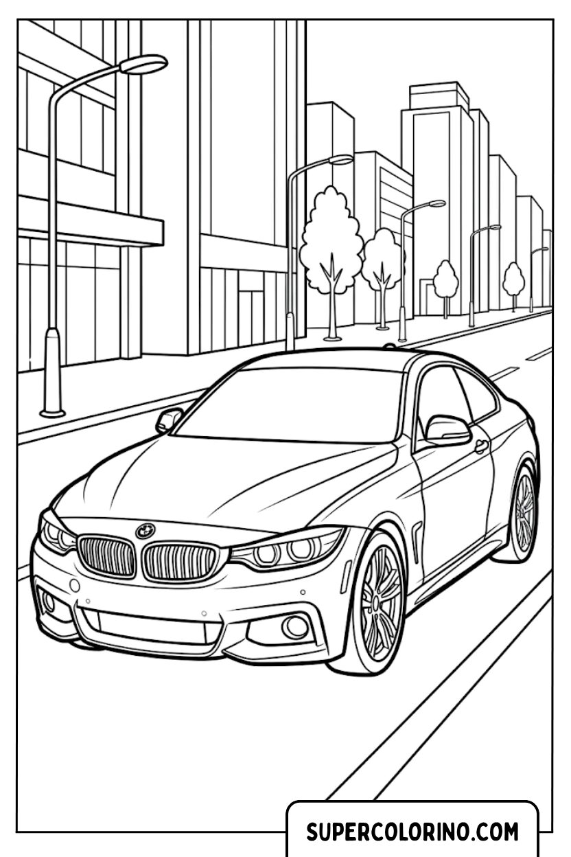 Disegni di una moderna BMW parcheggiata su una strada cittadina