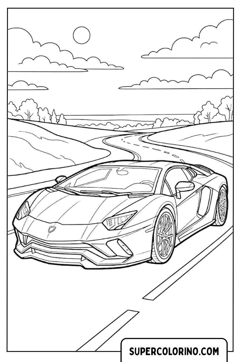 Disegni di una moderna auto Lamborghini sulla strada panoramica