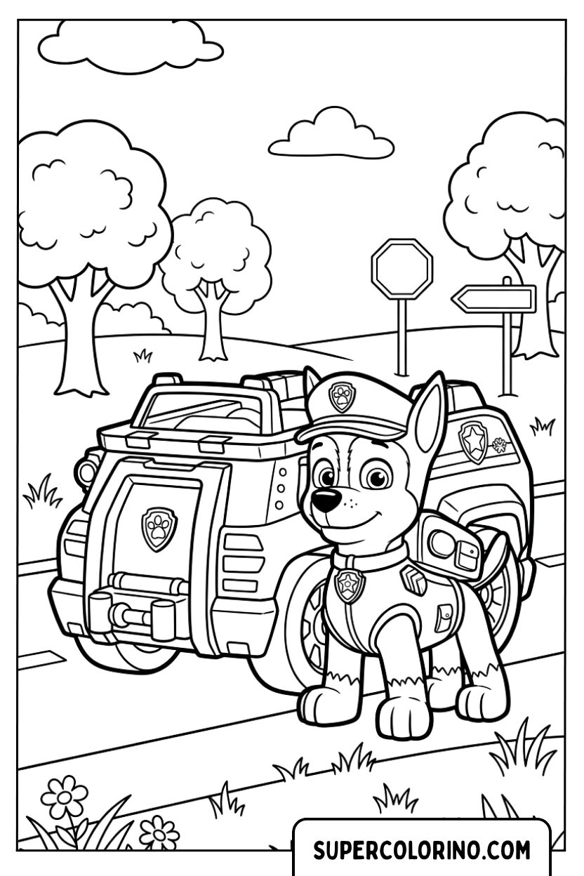 Disegni du cucciolo Chase con la sua auto della polizia sulla strada
