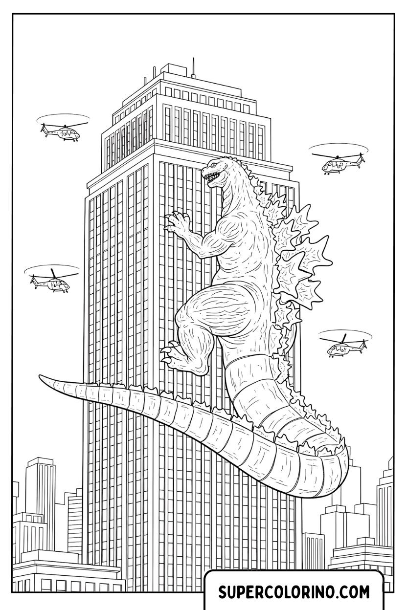 Disegno da colorare Godzilla che distrugge la città