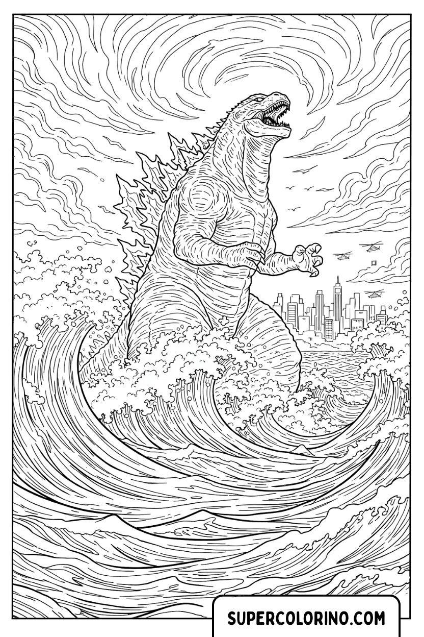 Disegno da colorare Godzilla che emerge dall’oceano
