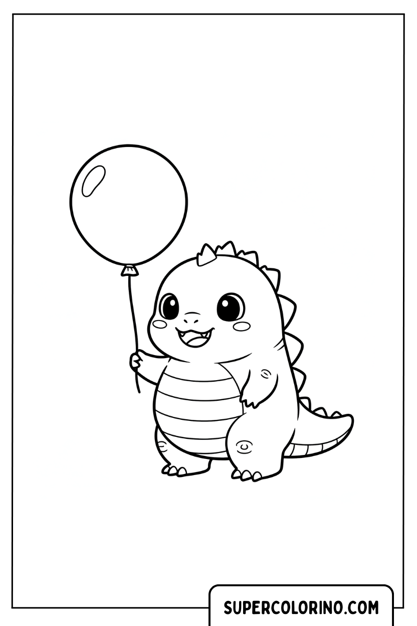 Disegno da colorare Godzilla chibi con palloncino