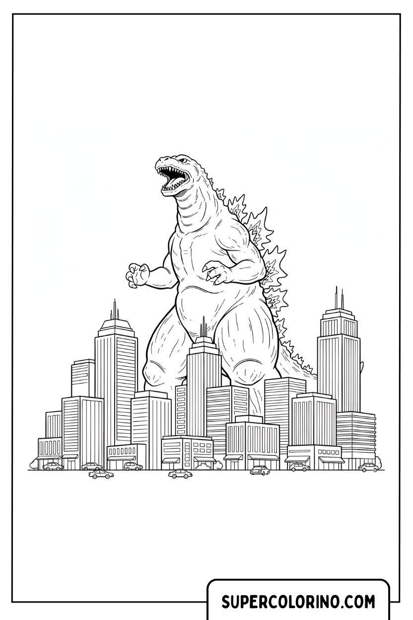 Disegno da colorare Godzilla sopra la città