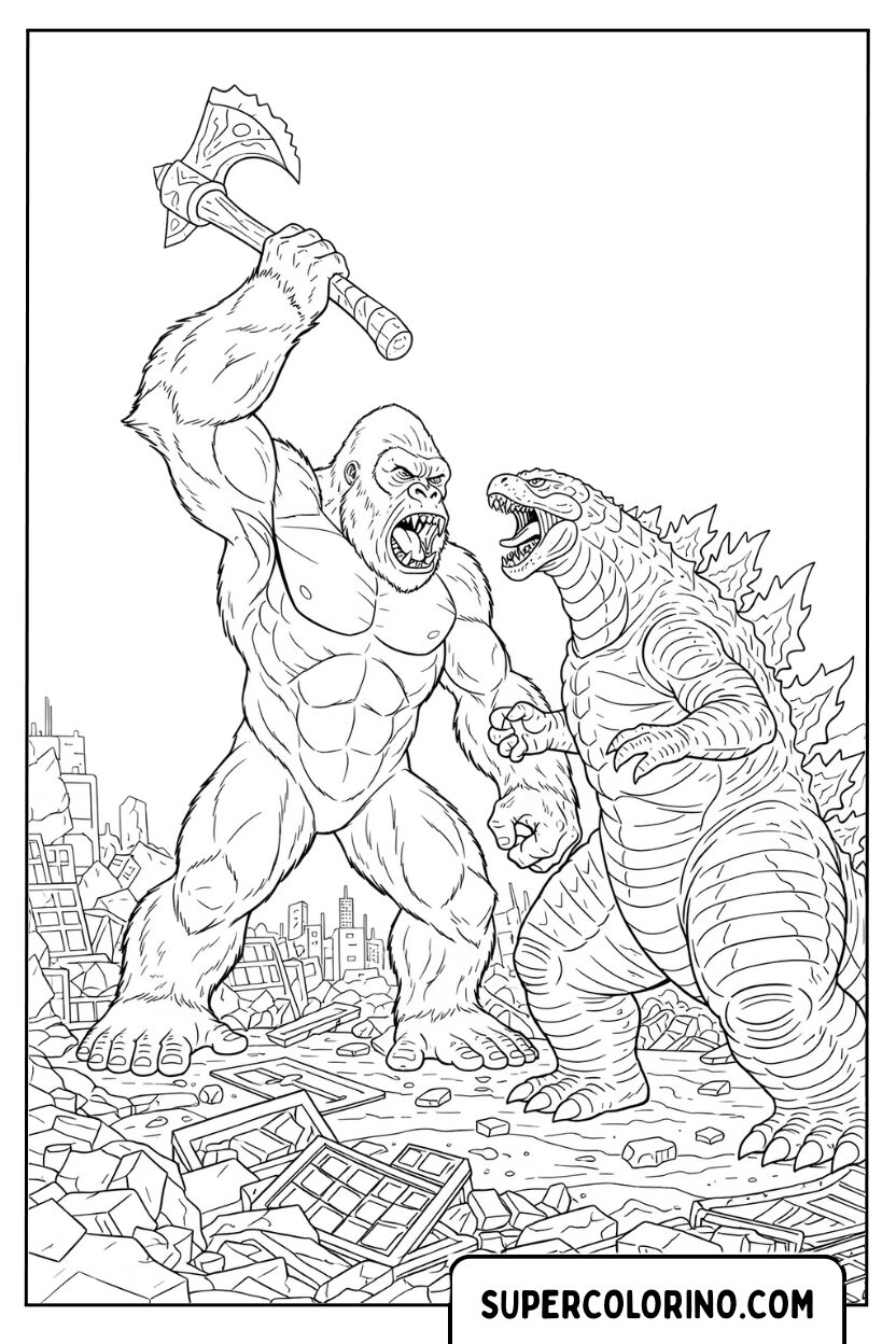 Disegno da colorare King Kong con ascia contro Godzilla