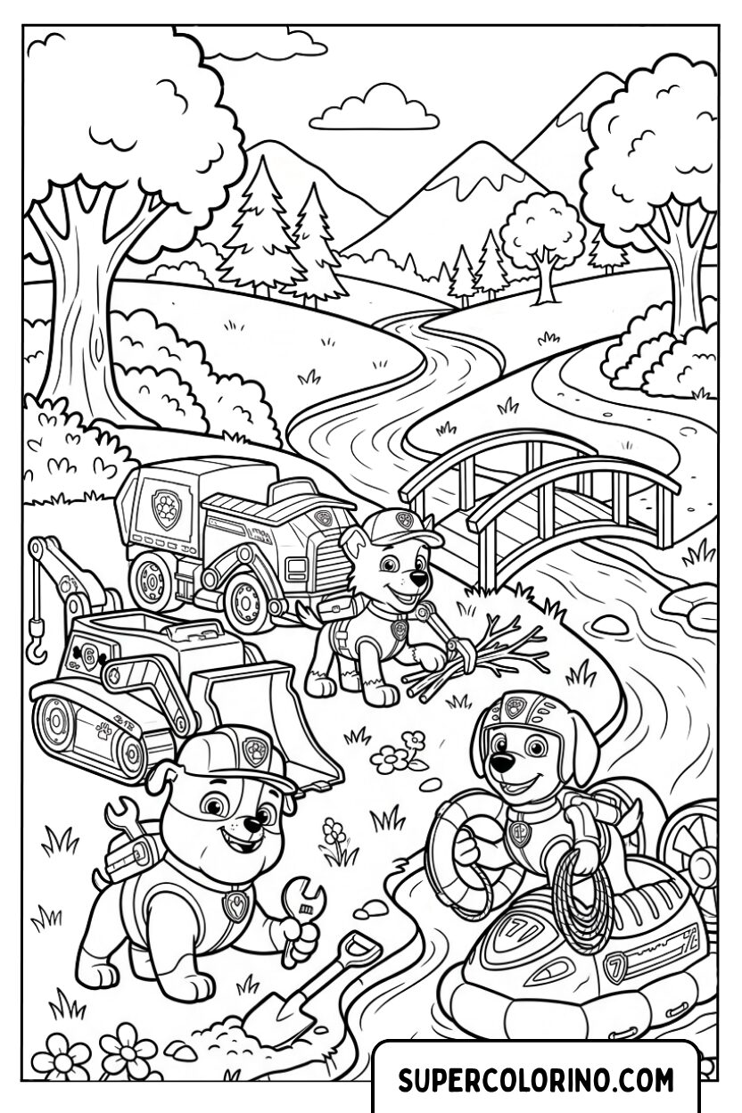 Disegno dei cuccioli Paw Patrol che lavorano vicino al fiume da colorare