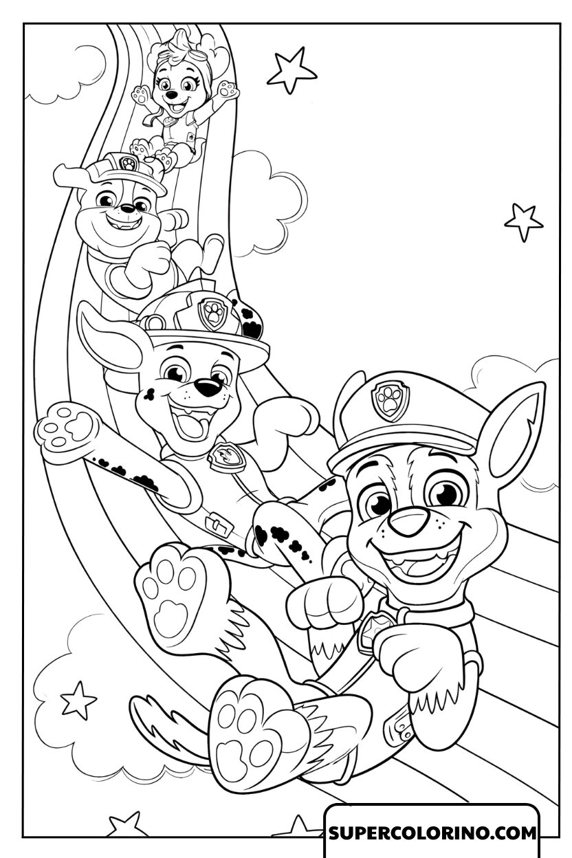 Dessin de chiots Paw Patrol glissant joyeusement dessus
