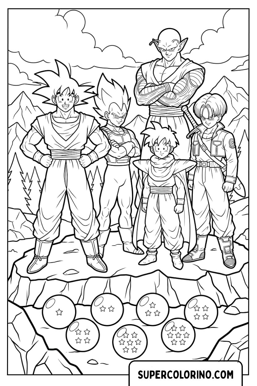 Ausmalbild der Z-Krieger mit den sieben Dragon Balls