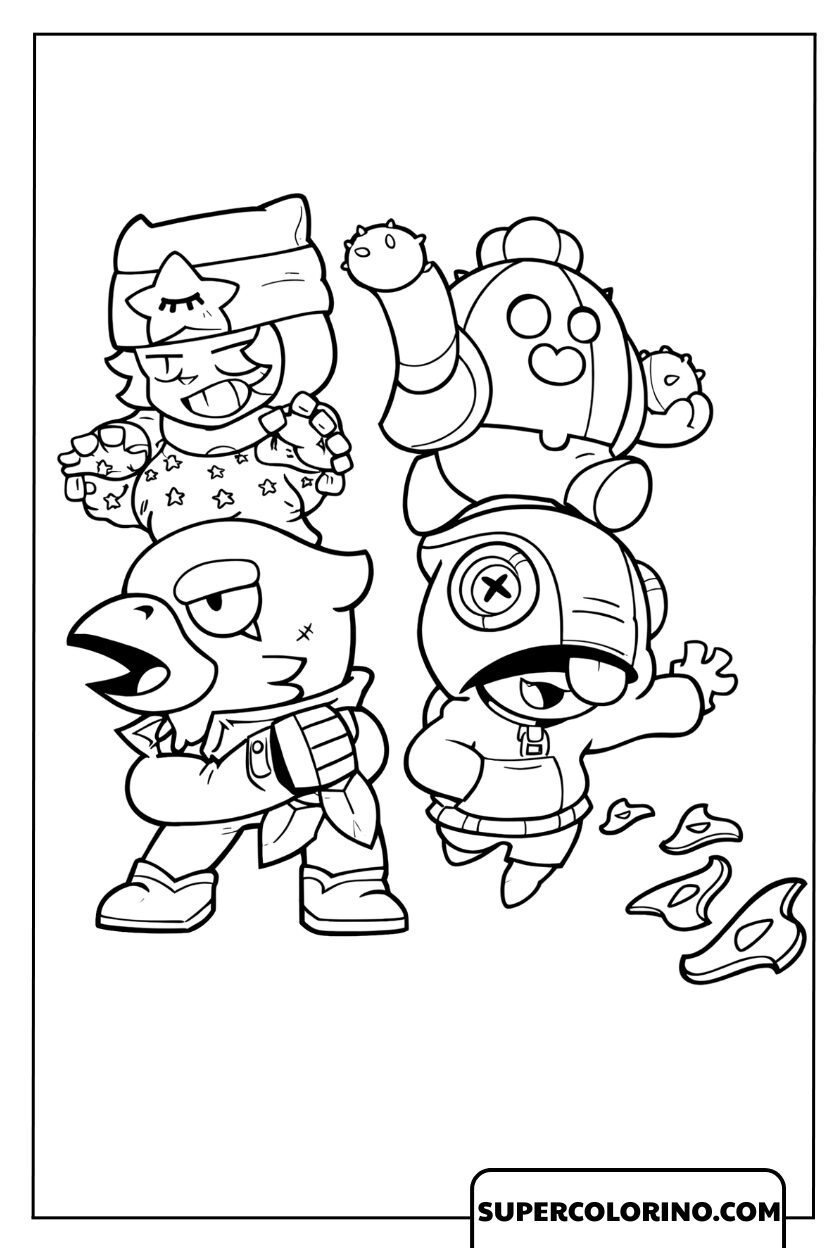 Dessin des légendaires Brawlers Leon, Crow, Spike et Sandy