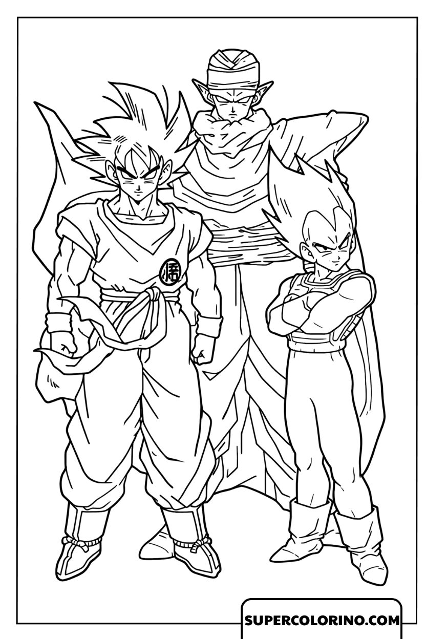 Tekening van de krachtige krijgers Goku, Vegeta en Piccolo
