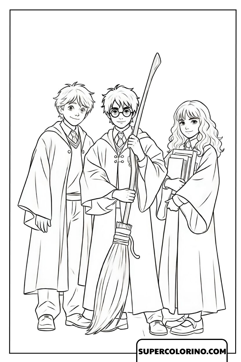 Dessin du trio Harry, Ron et Hermione à Poudlard