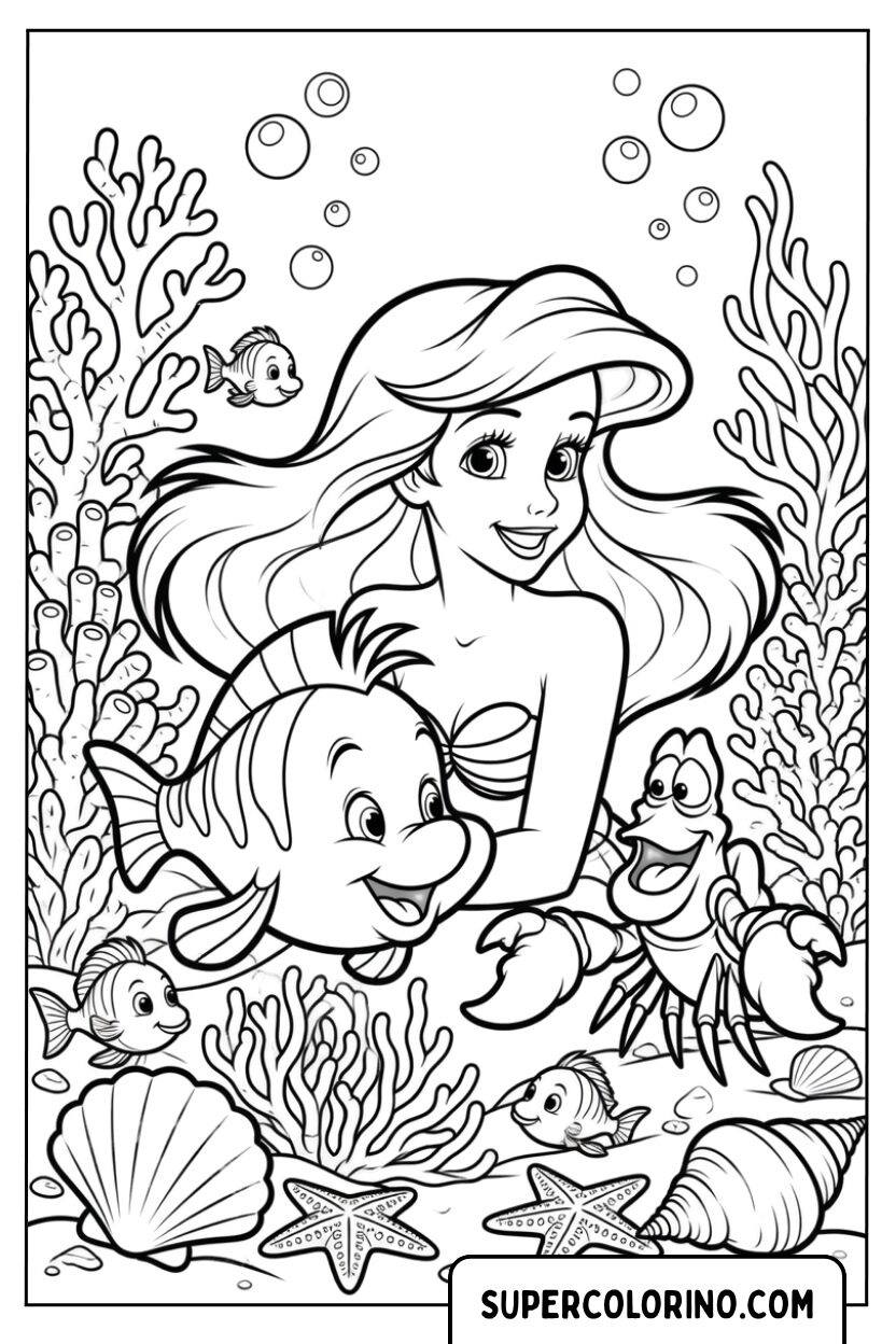 Disegno della Principessa Ariel nel mondo sottomarino da colorare