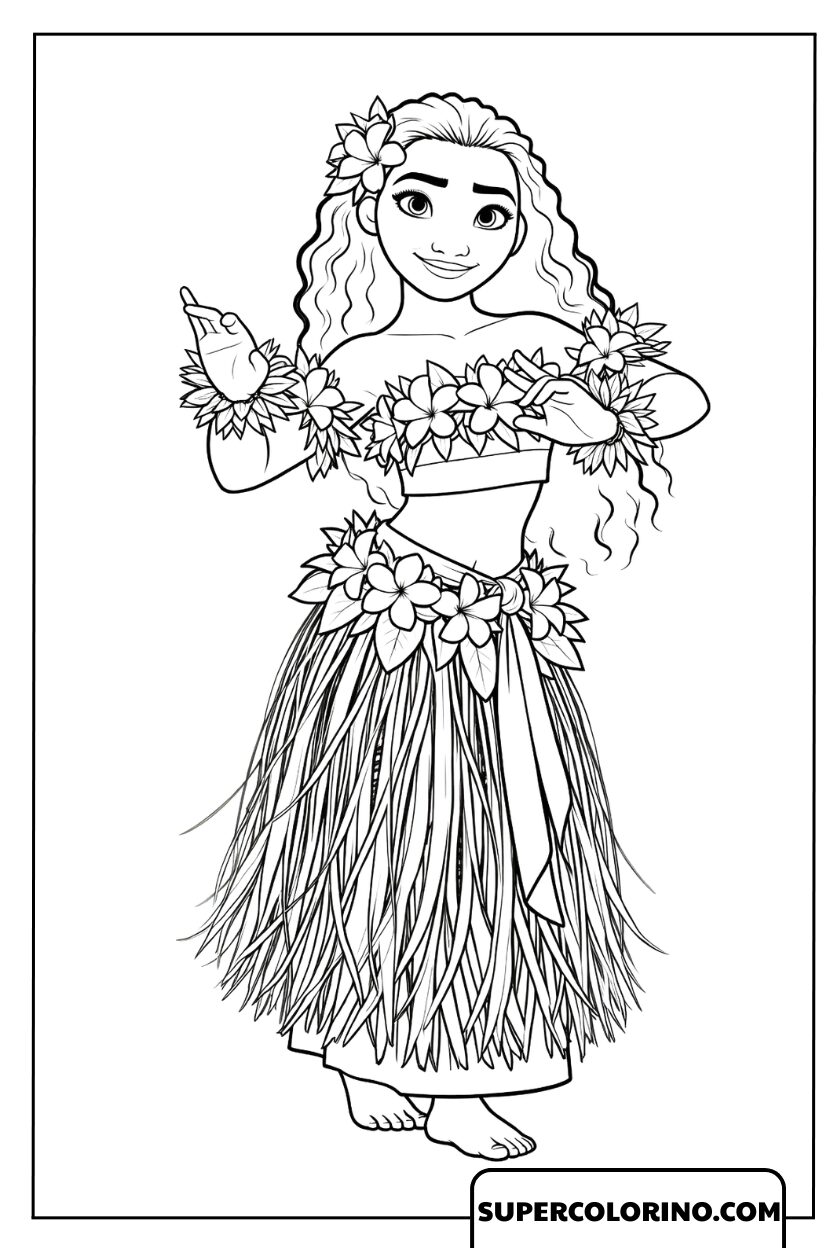 Dessin de la belle Vaiana avec jupe en herbe et guirlandes