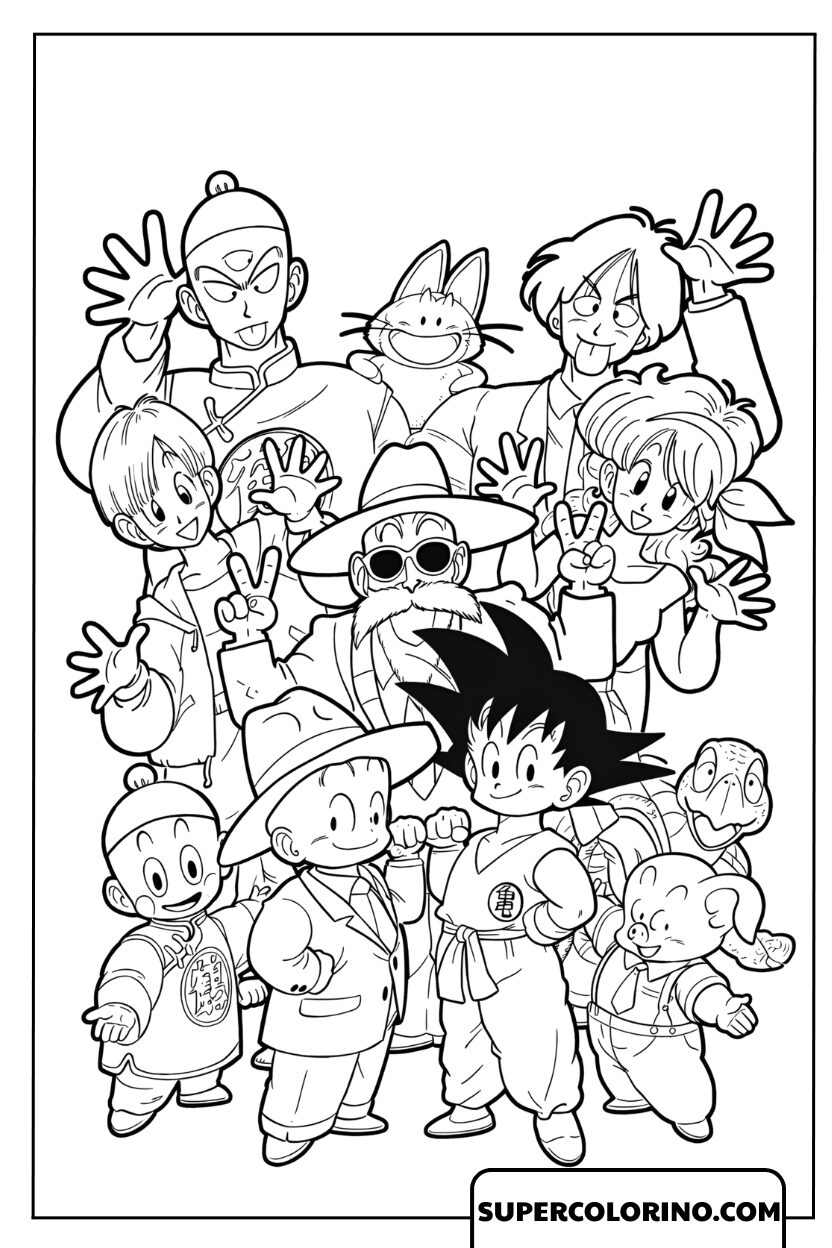 Tekening van de grote vrolijke Dragon Ball-familie