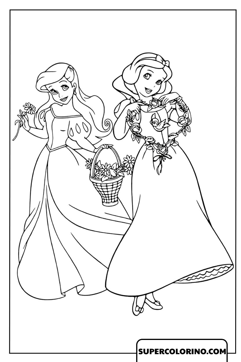 Dessin d'Ariel et Blanche-Neige avec un beau panier de fleurs