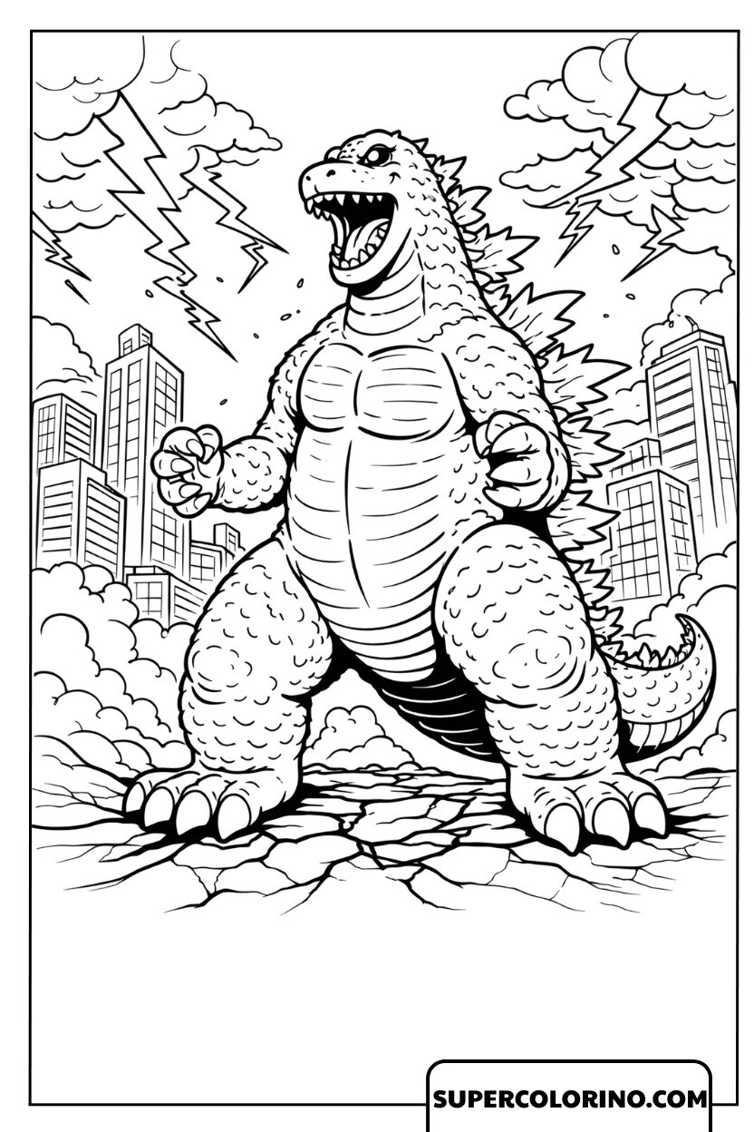 Disegno di Godzilla gigante che infuria in città