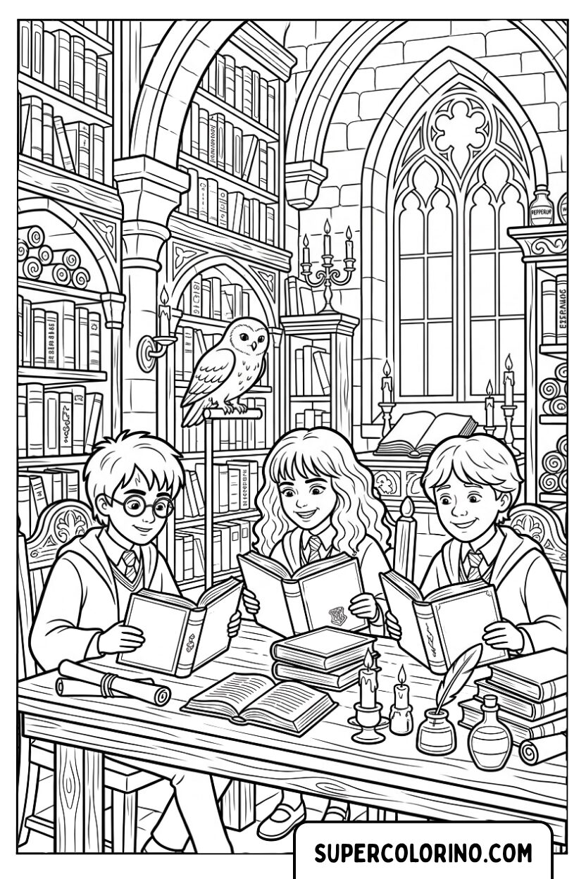 Harry, Hermine und Ron lernen in der Bibliothek von Hogwarts zum Ausmalen