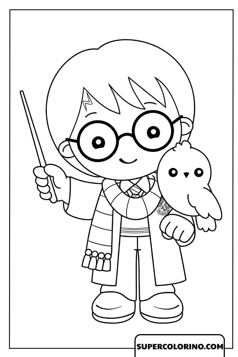 Dessin de Harry Potter en version chibi avec la chouette Hedwige